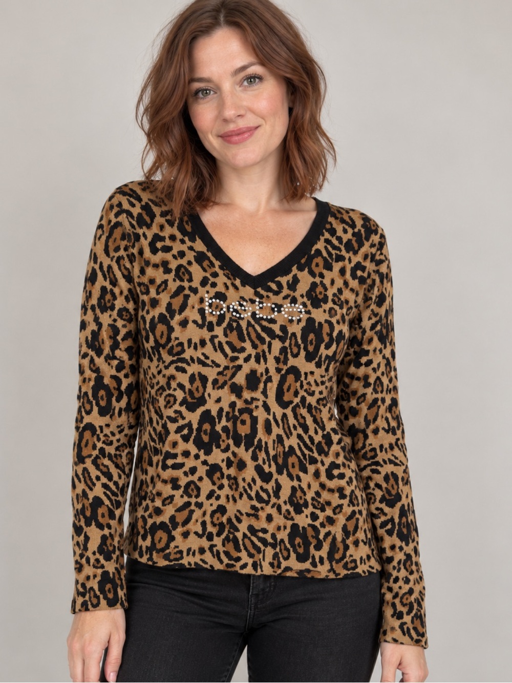 Bebe Y2K Leopard Print Rhinestone Logo V Neck Long Sleeve Knit Top XL Glam Sweat